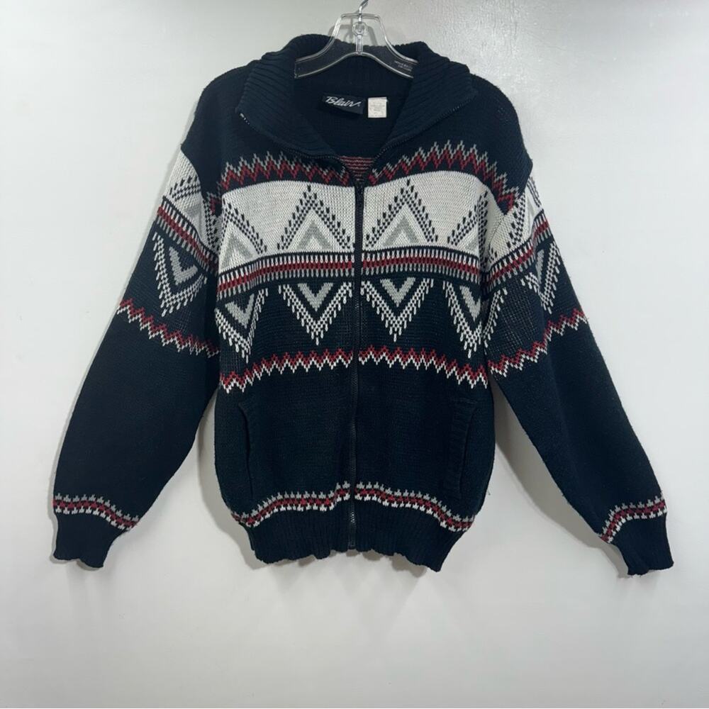 Blair Sweater Vintage Zip Front Cardigan Sweater Black White Red Pockets Size L‎